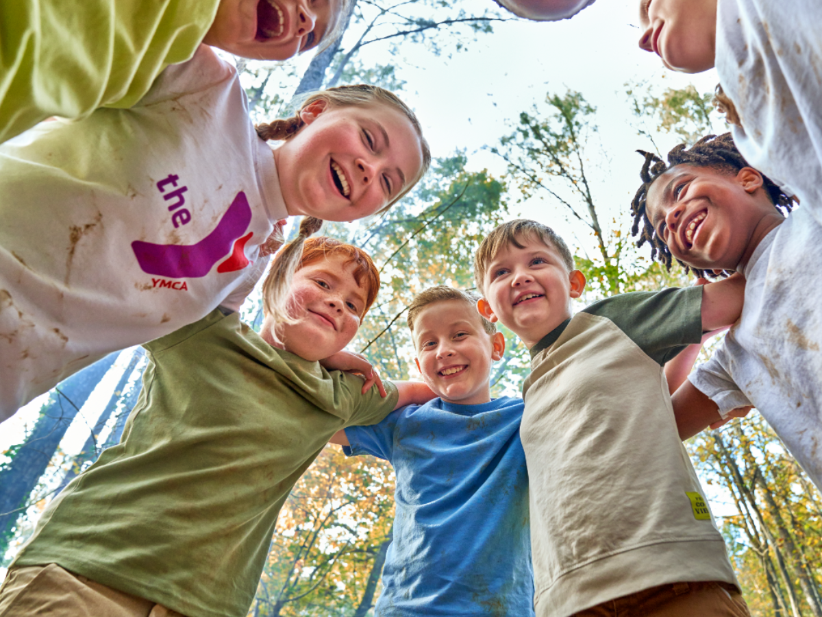Children in an outdoor setting, looking at the camera from above